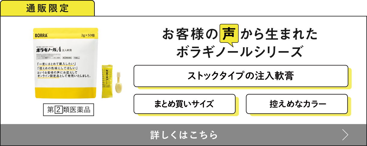 通販限定 お客様の声から生まれたボラギノールシリーズ ストックタイプの注入軟膏・まとめ買いサイズ・控えめなカラー 詳しくはこちら