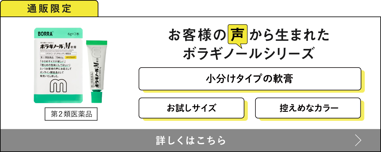 通販限定 お客様の声から生まれたボラギノールシリーズ 小分けタイプの軟膏・お試しサイズ・控えめなカラー 詳しくはこちら