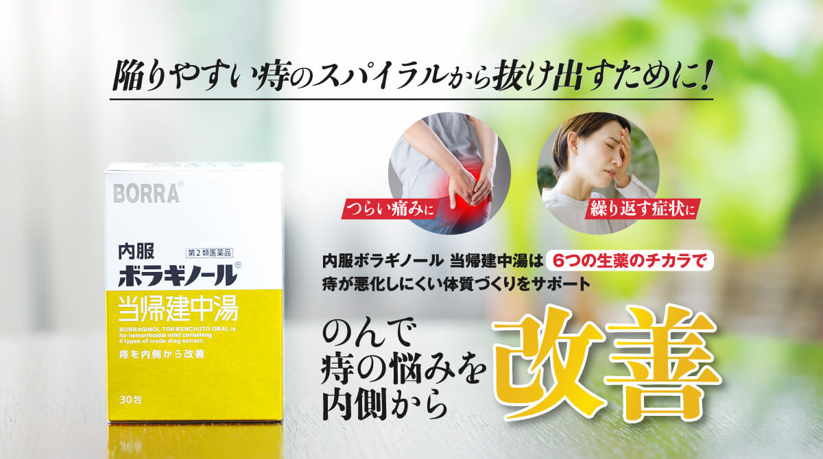 陥りやすい痔のスパイラルから抜け出すために！ つらい痛みに 繰り返す症状に内服ボラギノール当帰建中湯は6つの生薬のちから出痔が悪化しにくい体質づくりサポート のんで痔の悩みを内側から改善