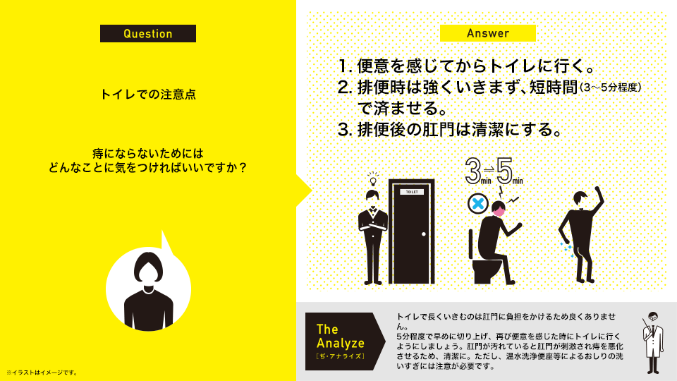 トイレでの注意点：痔にならないためにはどんなことに気をつければいいですか？