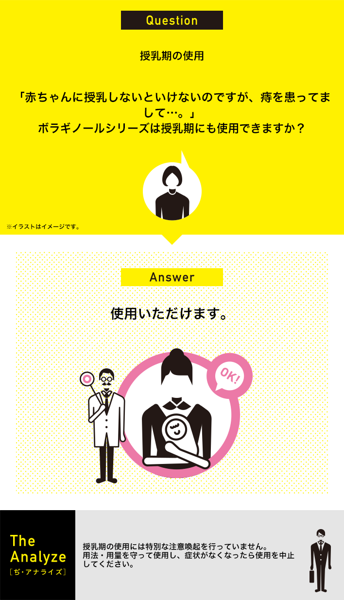 授乳期の使用：「赤ちゃんに授乳しないといけないのですが、痔を患ってまして…。」ボラギノールシリーズは授乳期にも使用できますか？