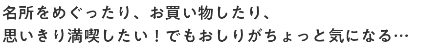 名所をめぐったり、お買い物したり、思いきり満喫したい！でもおしりがちょっと気になる…